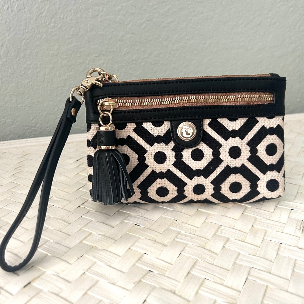 SPARTINA 449 LINEN AND LEATHER TASSEL CLUTCH/WRISTLET